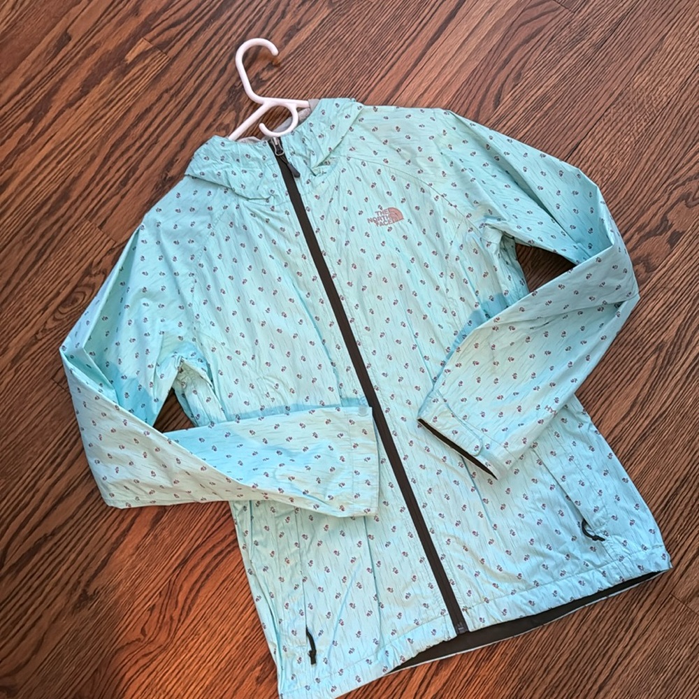 North Face Women’s Medium Rain Shell Jacket - Aqua with Flowers